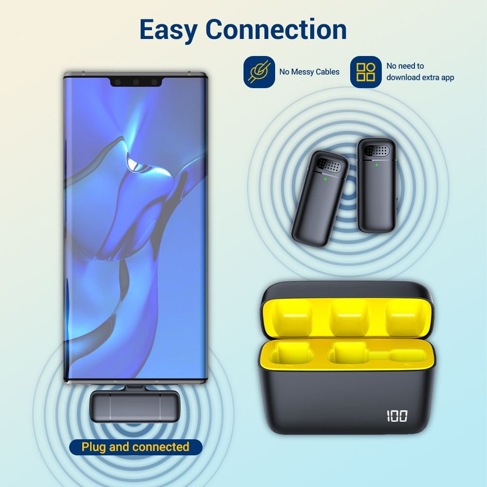 Microfone de Lapela Sem Fio MegaSpeak – Bluetooth 2.4G, Cancelamento de Ruído, Estojo de Carregamento