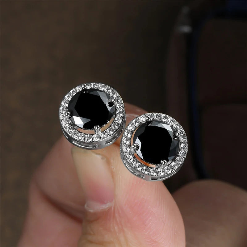 Brincos redondos de pedra preta para mulheres MegaShine