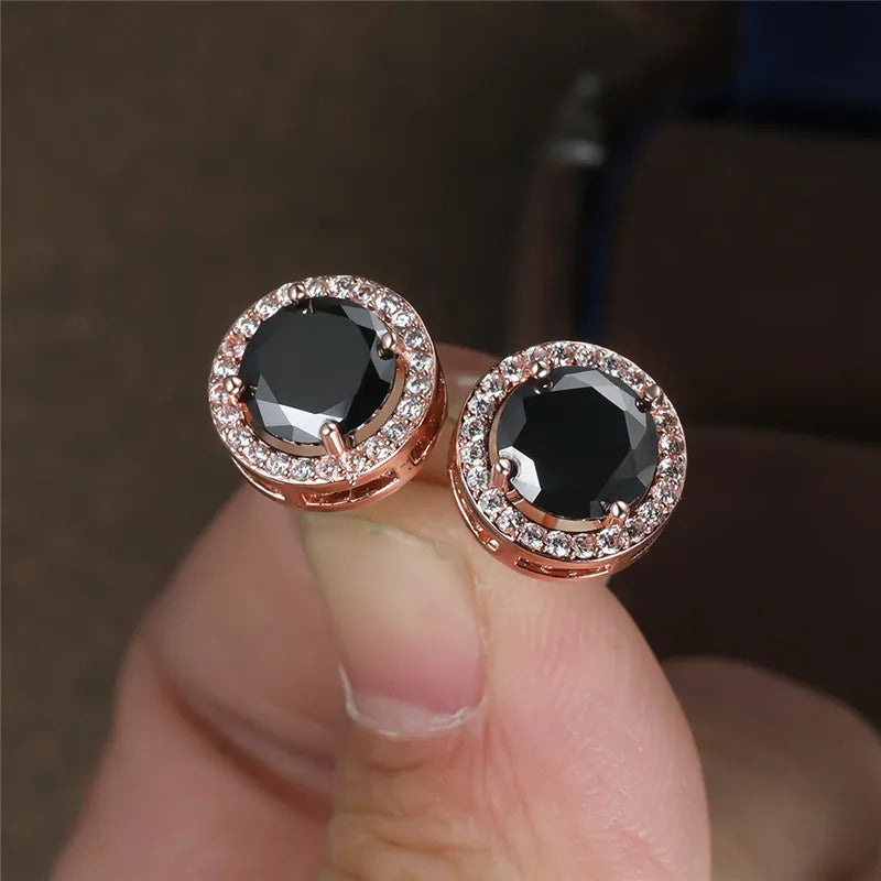 Brincos redondos de pedra preta para mulheres MegaShine