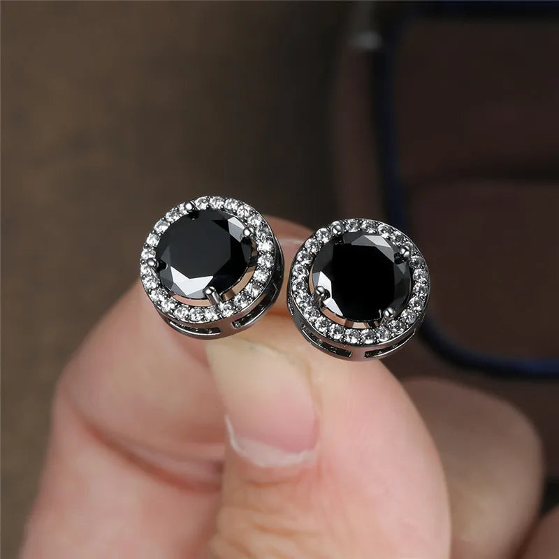 Brincos redondos de pedra preta para mulheres MegaShine