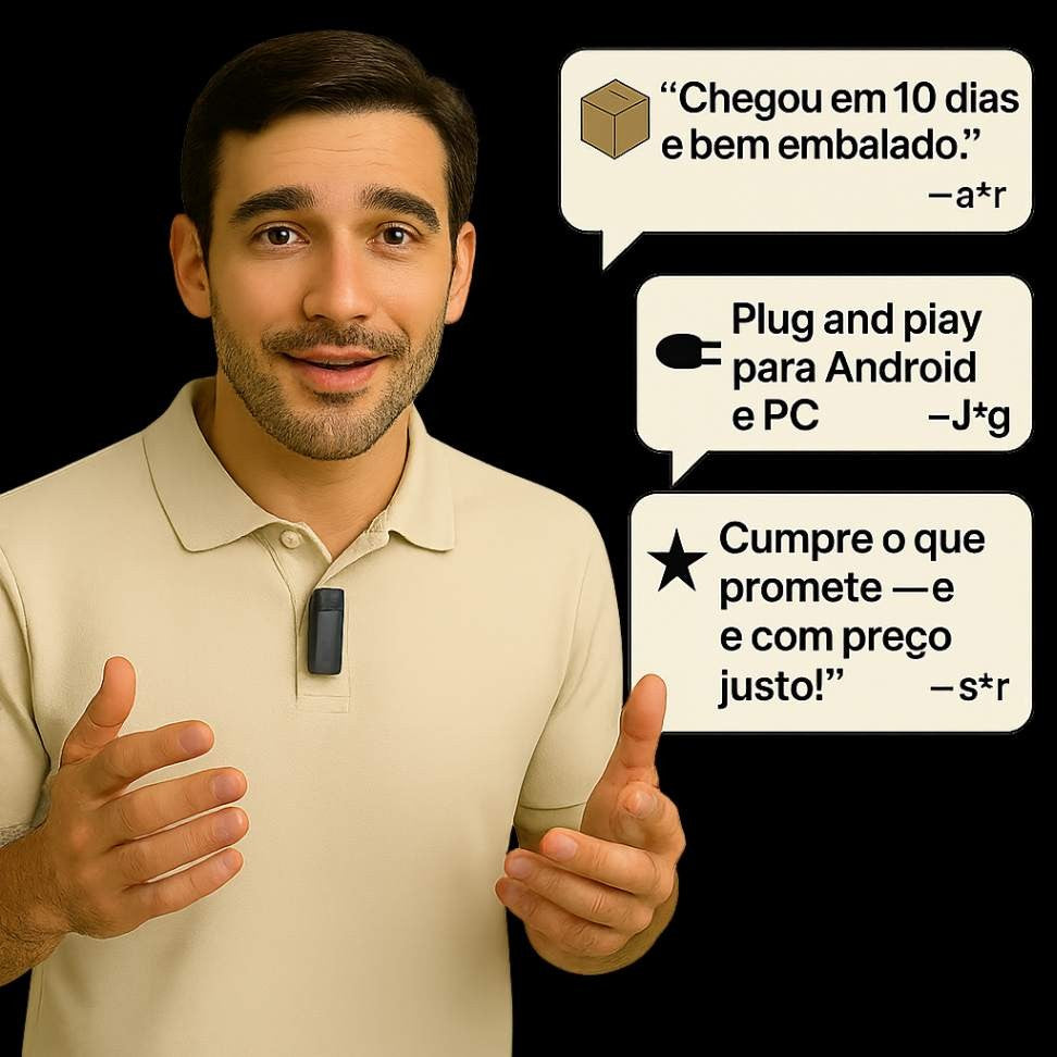 Microfone de Lapela Sem Fio MegaSpeak – Bluetooth 2.4G, Cancelamento de Ruído, Estojo de Carregamento