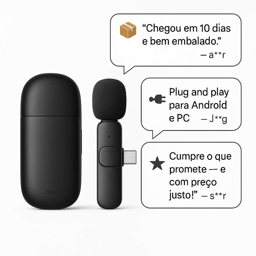 Microfone de Lapela Sem Fio MegaSpeak – Bluetooth 2.4G, Cancelamento de Ruído, Estojo de Carregamento