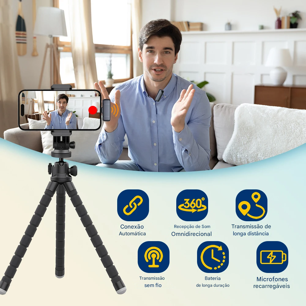 Microfone de Lapela Sem Fio MegaSpeak – Bluetooth 2.4G, Cancelamento de Ruído, Estojo de Carregamento