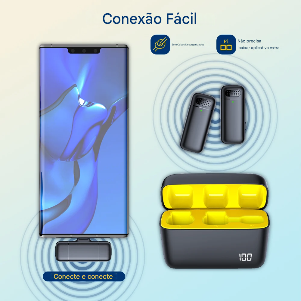 Microfone de Lapela Sem Fio MegaSpeak – Bluetooth 2.4G, Cancelamento de Ruído, Estojo de Carregamento