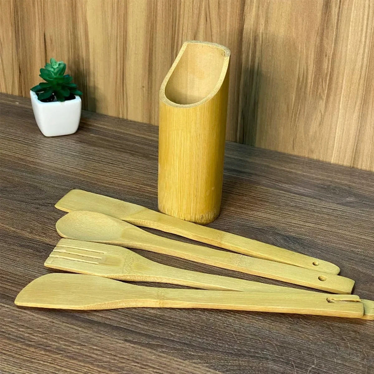 Kit Utensílios Culinário de Bambu Com Suporte - 5 Peças