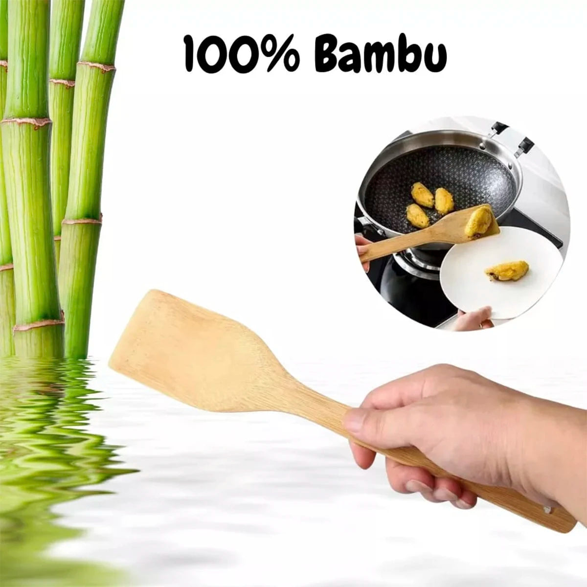 Kit Utensílios Culinário de Bambu Com Suporte - 5 Peças