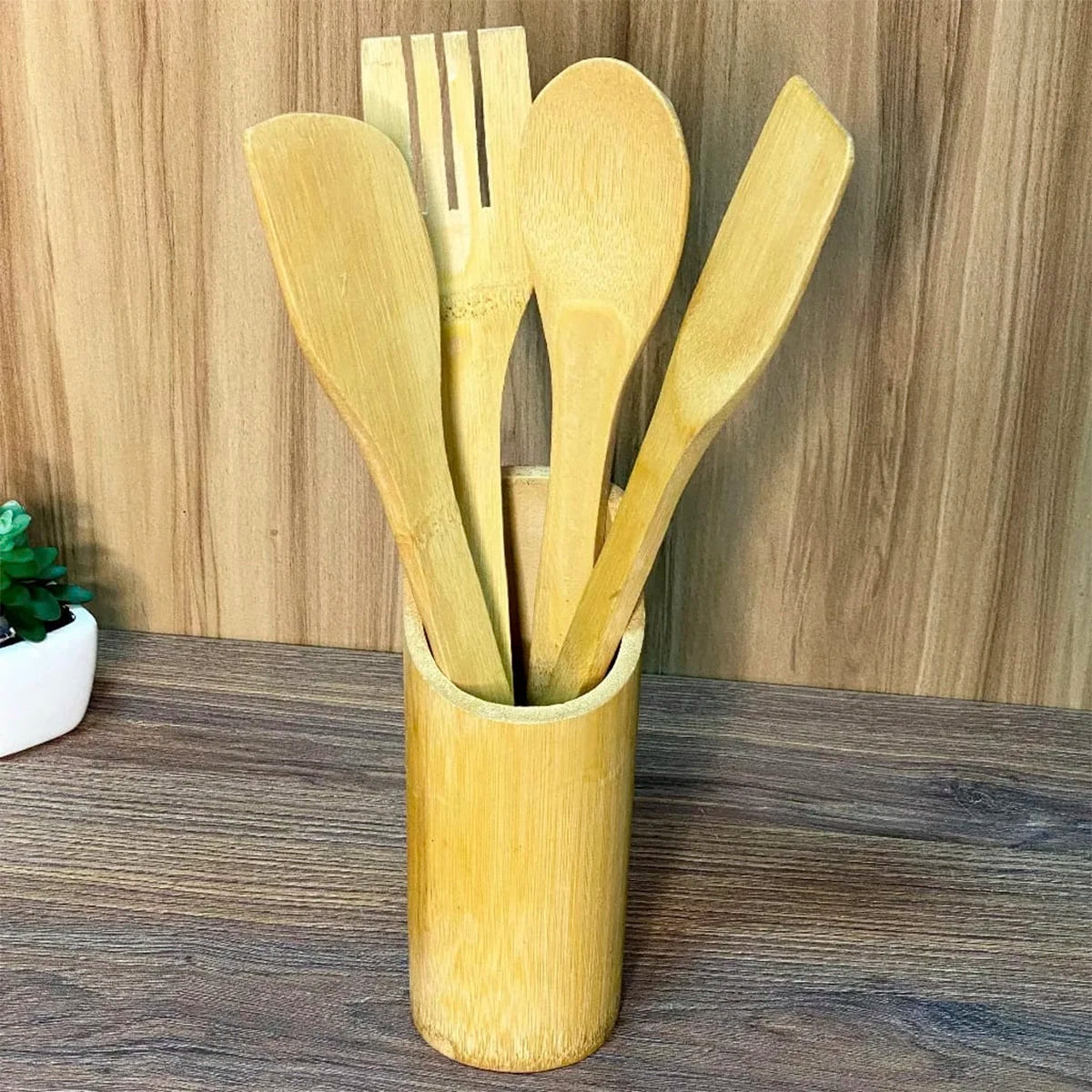Kit Utensílios Culinário de Bambu Com Suporte - 5 Peças