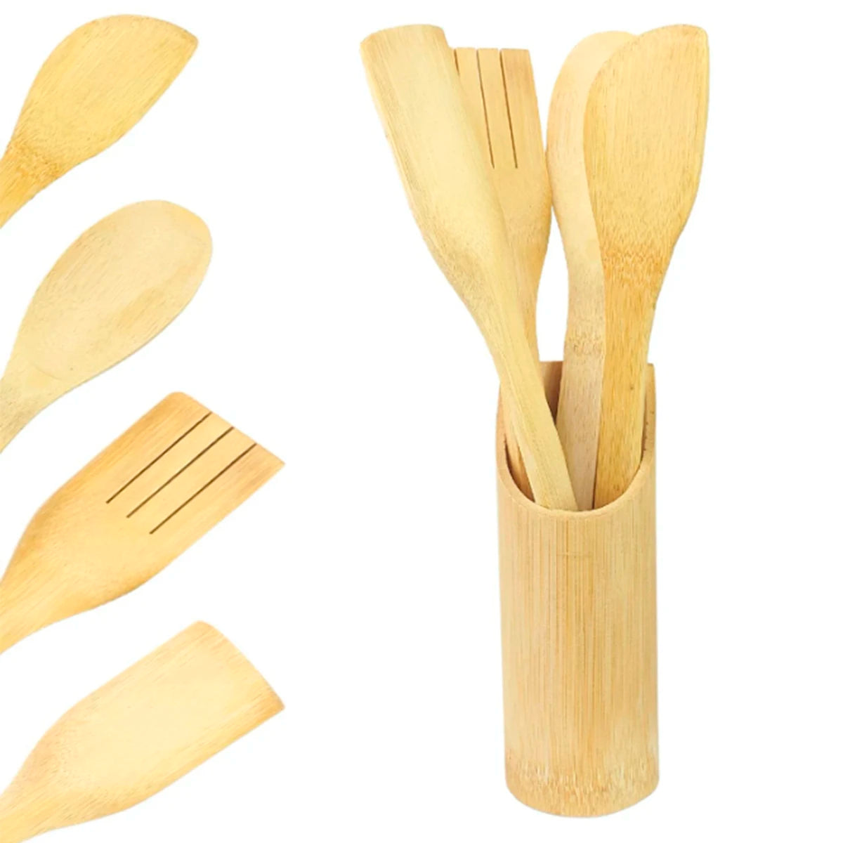 Kit Utensílios Culinário de Bambu Com Suporte - 5 Peças