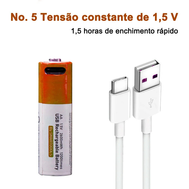 Bateria Li-ion AA recarregável USB, 1.5V Pilha MegaPower