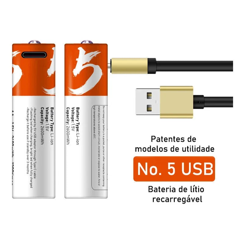 Bateria Li-ion AA recarregável USB, 1.5V Pilha MegaPower