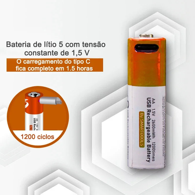 Bateria Li-ion AA recarregável USB, 1.5V Pilha MegaPower