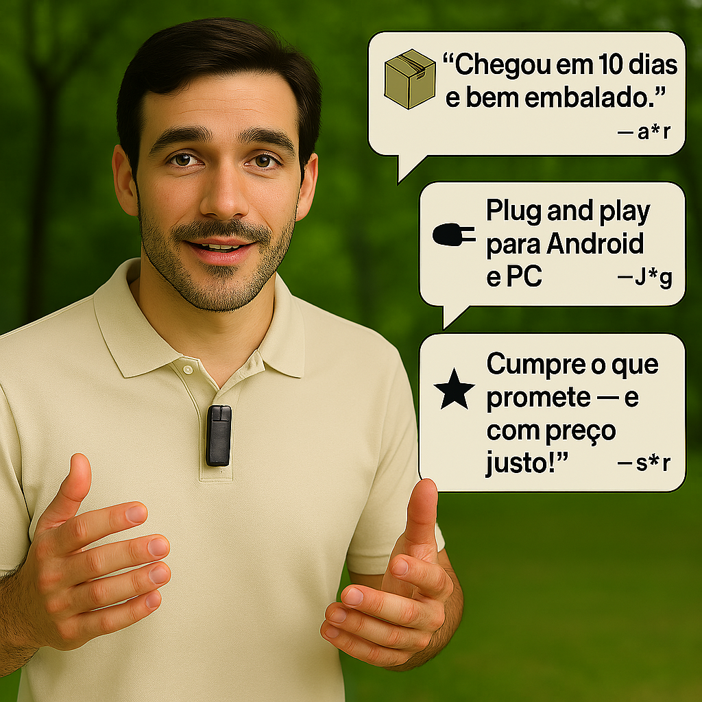 Microfone de Lapela Sem Fio MegaSpeak – Bluetooth 2.4G, Cancelamento de Ruído, Estojo de Carregamento
